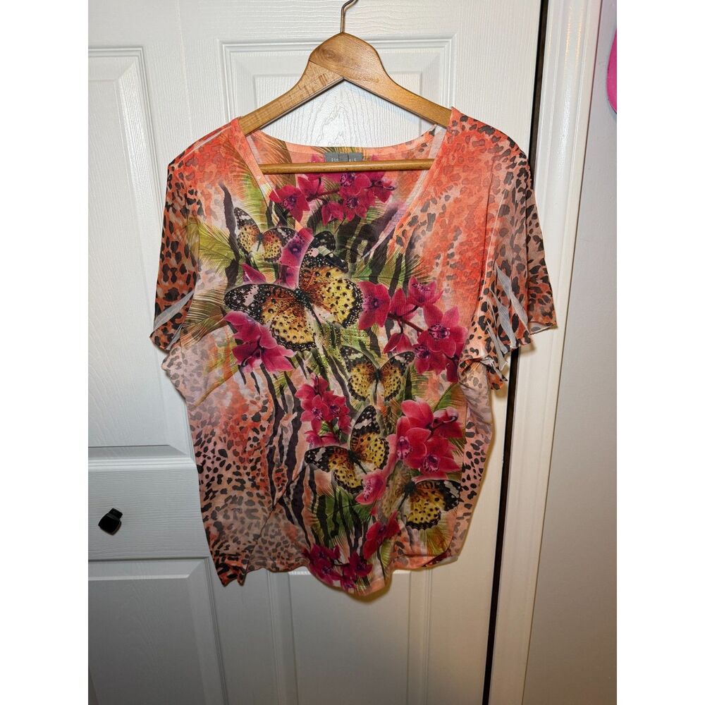 Essentials 2X Butterfly Floral Animal Print Rhinestone Sheer Blouse Top